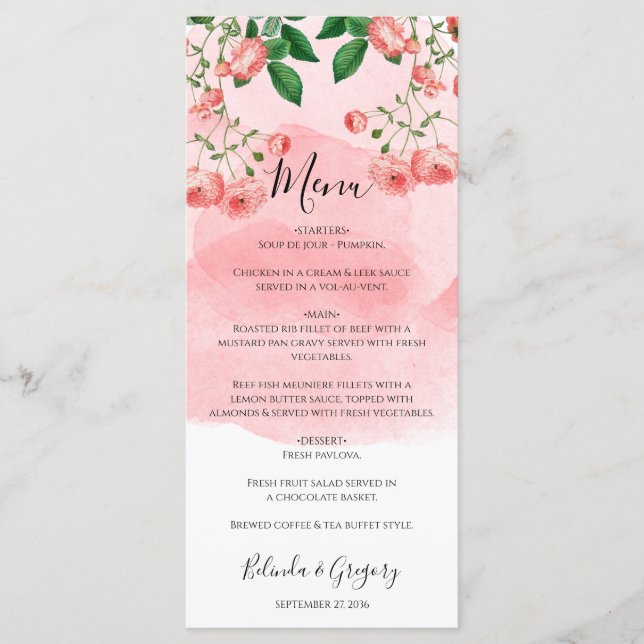 Menu Vintage Rose rose fleuri Mariage botanique (Devant)