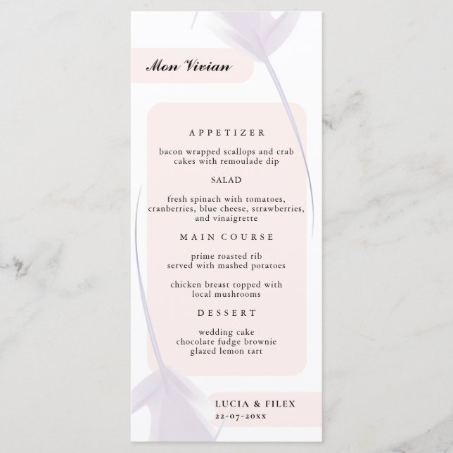 Menu Violet Lavande & Peach Couleur Nom d'hôte Dîner (Devant)