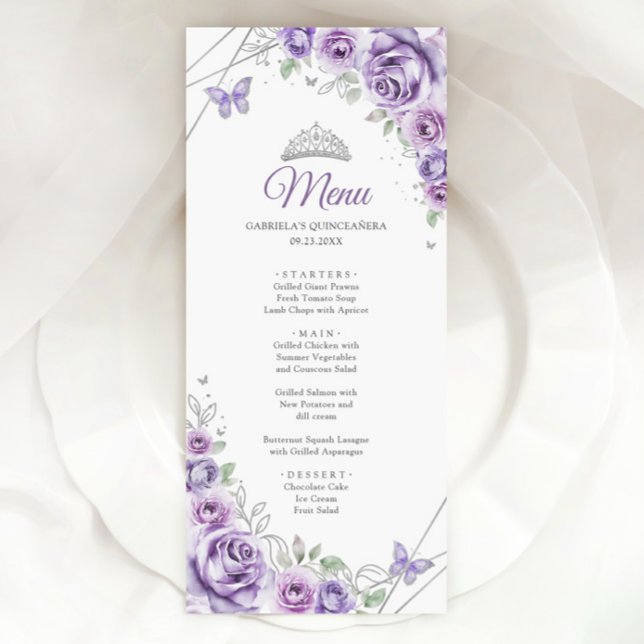 Menu Violet Pourpre Argent Floral Quinceanera (Créateur téléchargé)