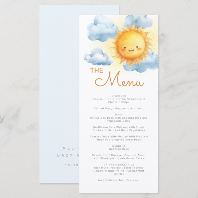 Menu Voici venir le fils Fête de Baby Shower (Devant / Derrière)