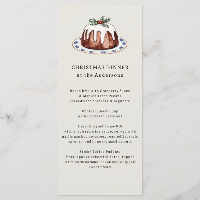 Menu Watercolor Christmas Pudding Festive Dinner (Devant)