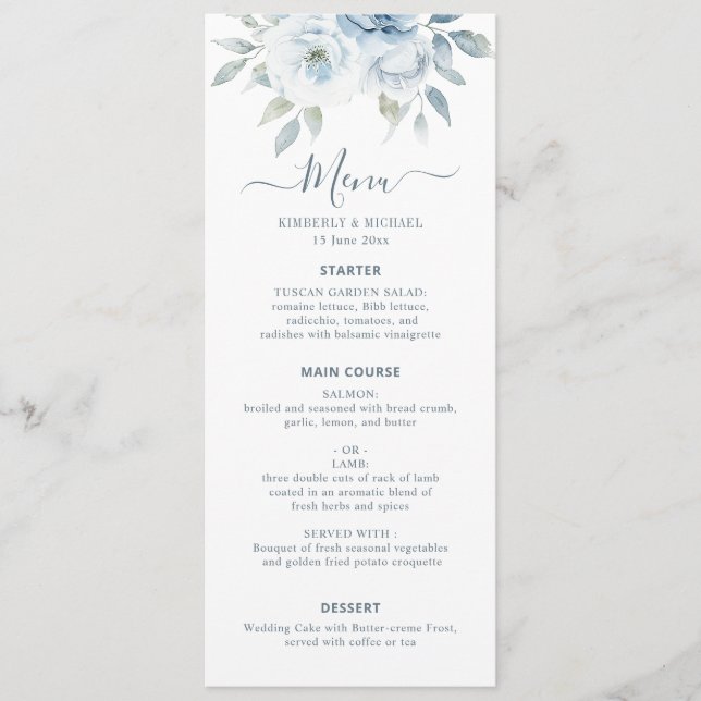 Menu watercolor dusty blue floral wedding (Devant)