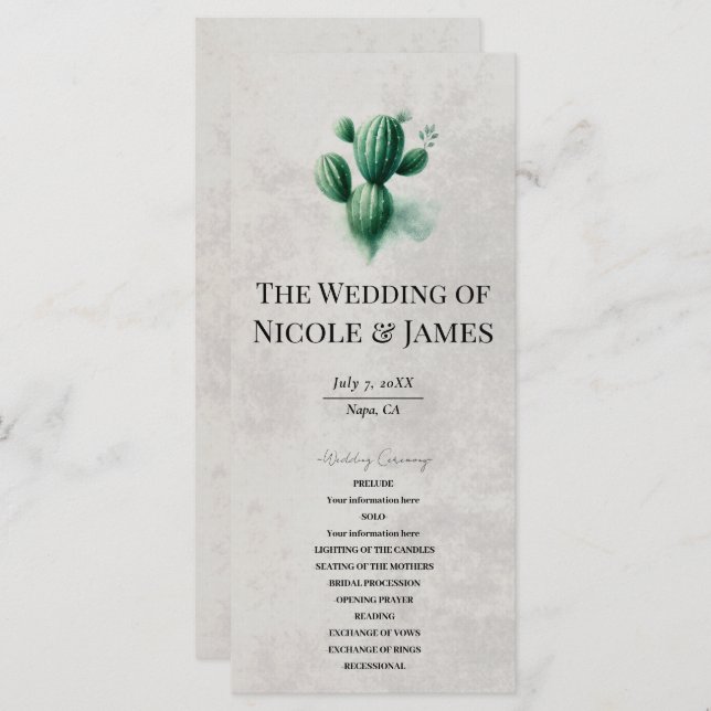 Menu Watercolor Green Cactus Stone Grey Wedding Program (Devant / Derrière)