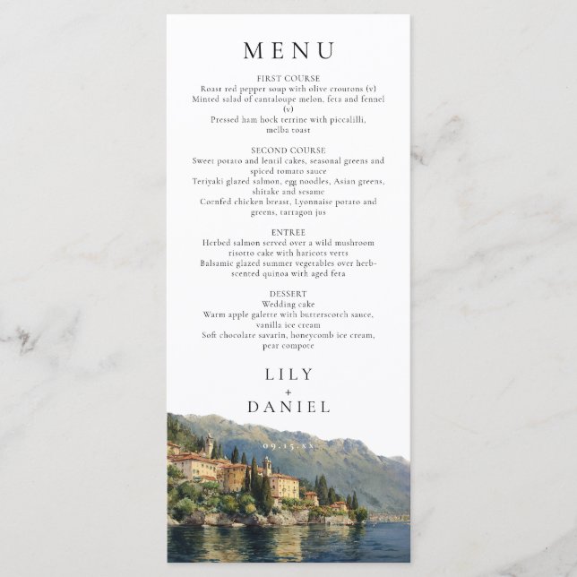 Menu Watercolor Lake Côme Italie Destination Mariage (Devant)