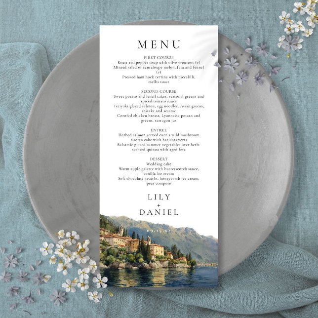 Menu Watercolor Lake Côme Italie Destination Mariage (Watercolor Lake Como Italy Destination Wedding Menu)