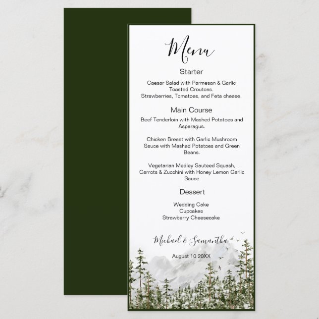 Menu Watercolor Mountain Forest Mariage rustique (Devant / Derrière)