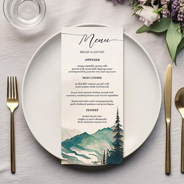 Menu Watercolor Mountains Pine Forest Mariage (Créateur téléchargé)