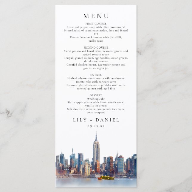 Menu Watercolor New York City Destination Wedding (Devant)