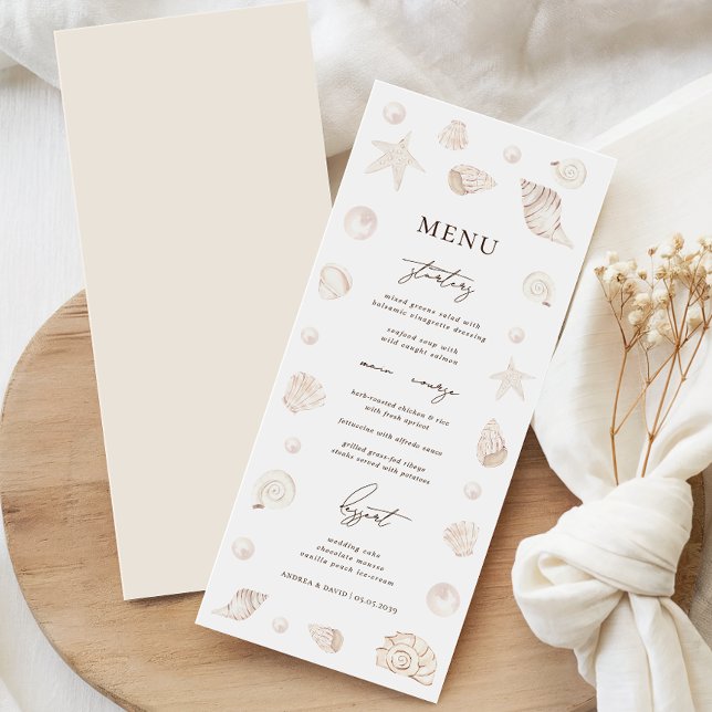 Menu Watercolor Seashells Pearls Beach Nautical Wedding (Créateur téléchargé)