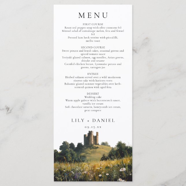 Menu Watercolor Wildflowers Floral Castle Wedding (Devant)