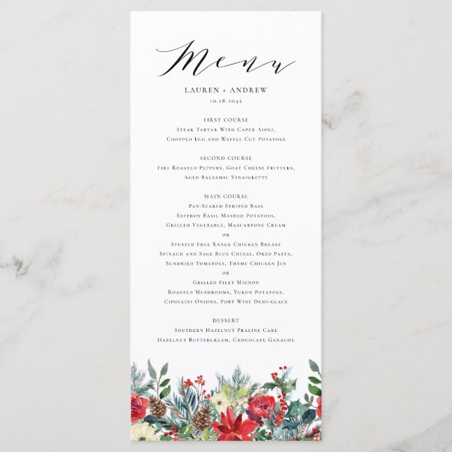 Menu Watercolor Winter Blooms Garland Mariage (Devant)