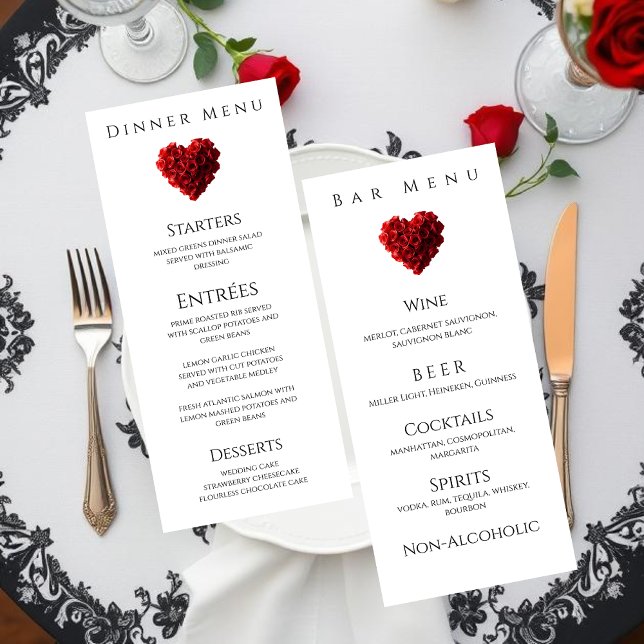 Menu Wedding Dinner and Bar Menu-Heart Shaped Red Roses (Wedding Dinner and Bar Menu-Heart Shaped Red Roses Menu)