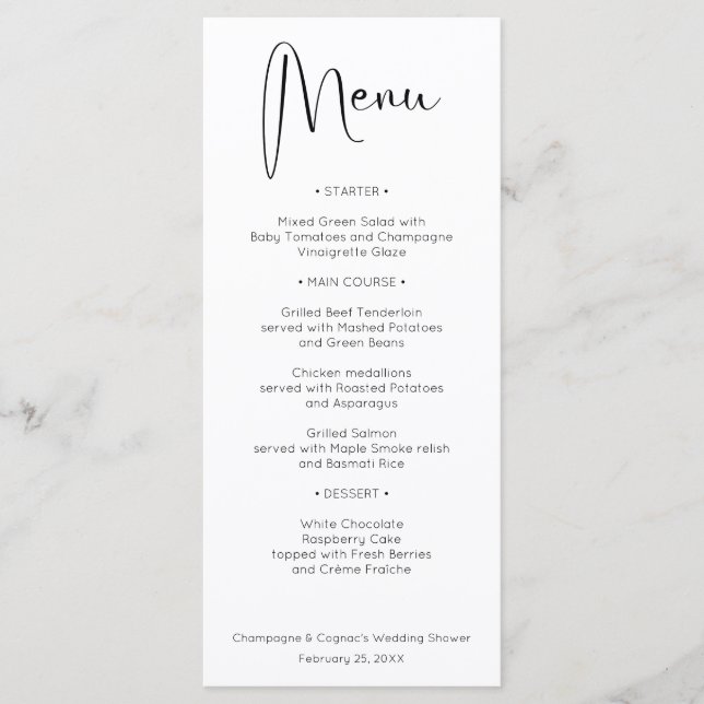 Menu Wedding shower de script moderne (Devant)