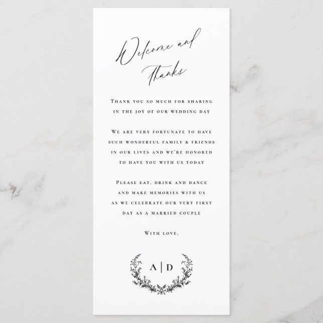 Menu Welcome and Thanks Wedding Day Guest Message Card (Devant)