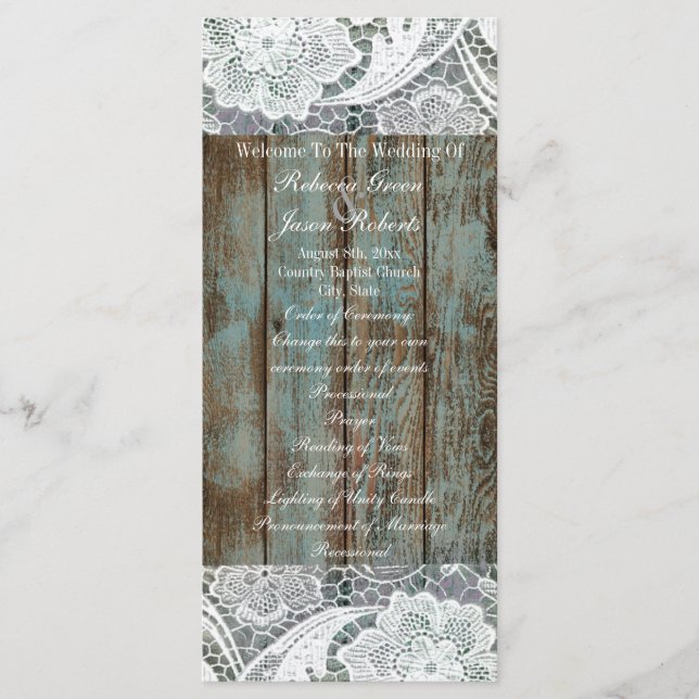 Menu western country bleu grange bois dentelle mariage (Devant)