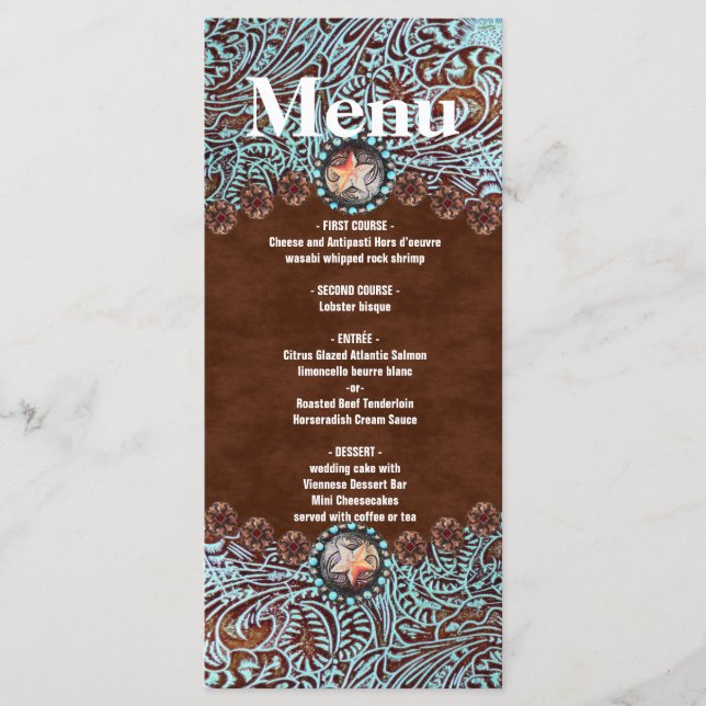 menu western cowboy brun turquoise mariage (Devant)