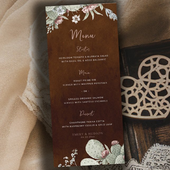 Menu Western Cowboy Vintage Southwest Floral Wedding (western wedding theme southwestern botanical cactus floral art dark terracotta menu)