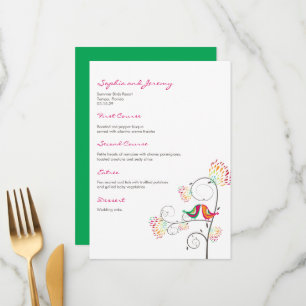Menu Whimsical coloré baiser Mariage d'oiseaux d'été