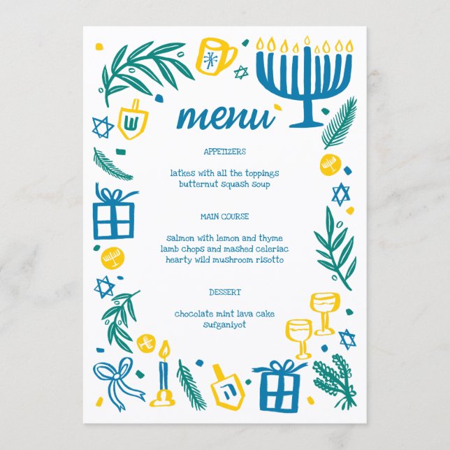 Menu Whimsical Hanukkah Holiday Party Cute Custom Diner (Devant)