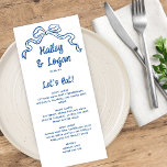 Menu Whimsical Illustrated Bow moderne Mariage amusant<br><div class="desc">Cette carte de menu mariage moderne présente une illustration de l'arc dessinée à la main et une typographie à la main dans l'ombre parfaite du bleu. Le look est fait à la main et amusant,  mais encore romantique et élégant! Voir la collection pour plus d'éléments.</div>