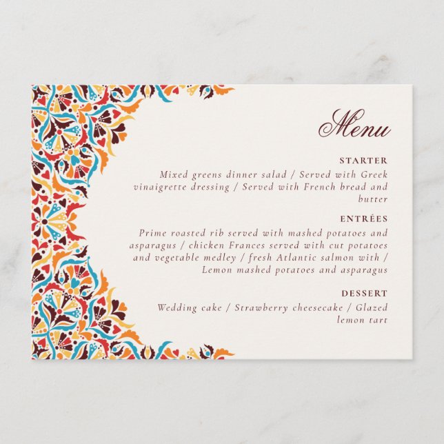 Menu Whimsical Luxury ivoire Floral Style Mariage front (Devant)