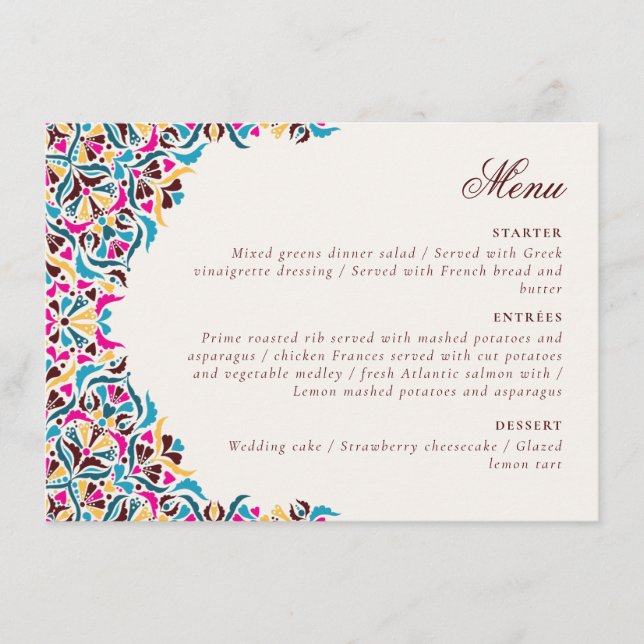 Menu Whimsical Luxury ivoire Floral Style Mariage front (Devant)