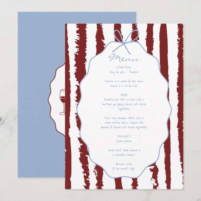 Menu Whimsical Stripes Handwritten Painted Wedding  (Devant / Derrière)