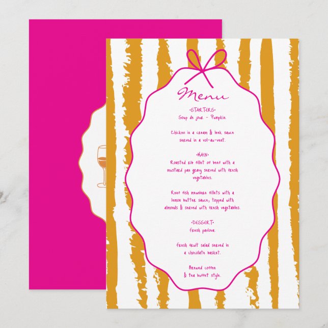 Menu Whimsical Stripes Handwritten Painted Wedding  (Devant / Derrière)