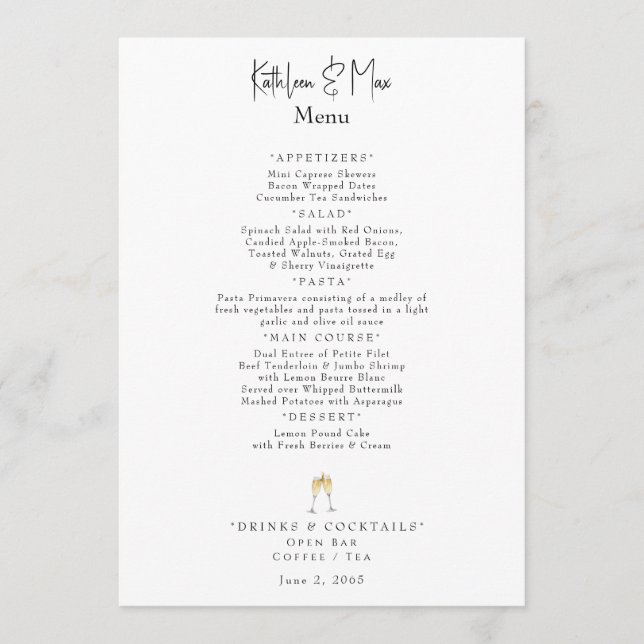 Menu White Champagne Toast Engagement Party II (Devant)