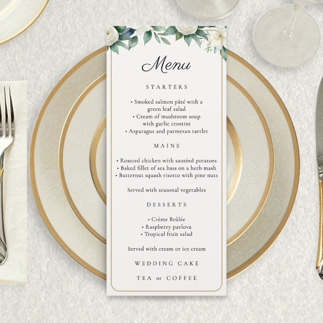 Menu White Floral Elegant Botanical Watercolor Wedding (A wedding menu card with white flowers, greenery, faux gold border, script title and custom text)