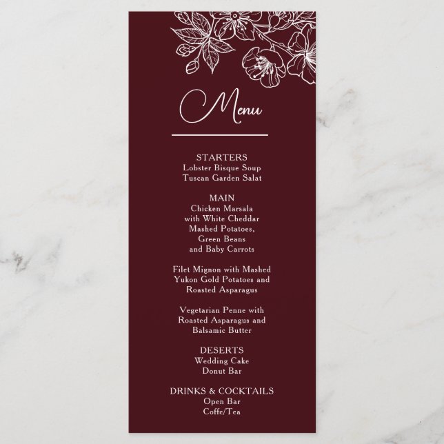 Menu White Line Art Flowers Deep Burgundy Wedding (Devant)