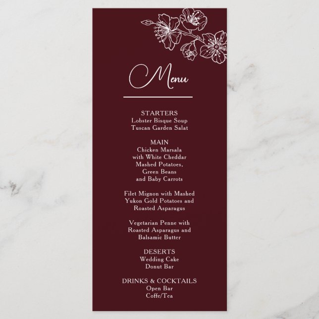 Menu White Line Art Flowers Deep Burgundy Wedding (Devant)