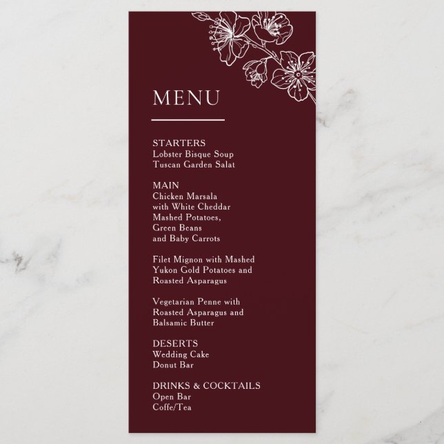 Menu White Line Art Flowers Deep Burgundy Wedding (Devant)