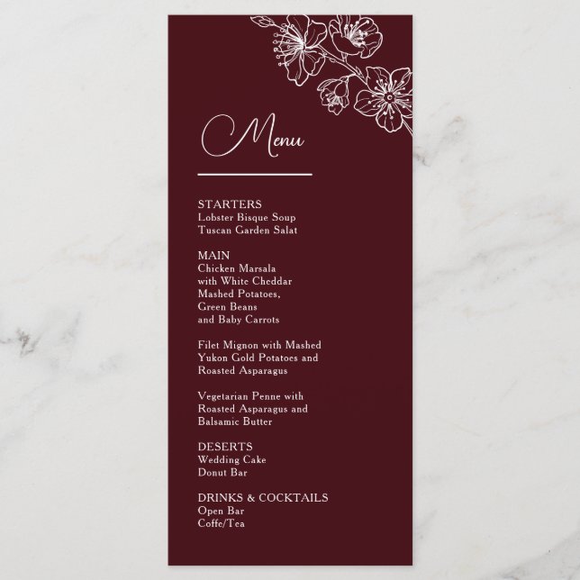 Menu White Line Art Flowers Deep Burgundy Wedding (Devant)