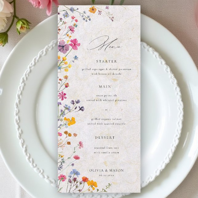 Menu Wildflower Garden Modern Floral Blush Pink Wedding (wildflower wedding menu watercolor garden backyard barn summer spring elegant blush pink)