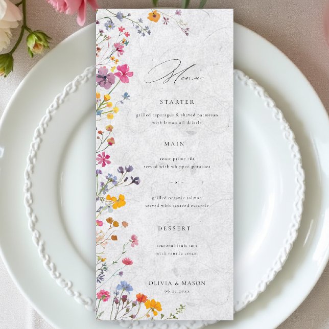 Menu Wildflower Garden Modern Floral Ivory Chic Wedding (wildflower wedding menu watercolor garden backyard barn summer spring elegant ivory white)