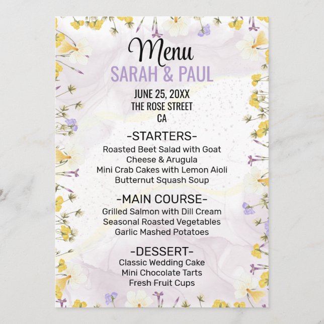 Menu Wildflower Lavender and Yellow Floral Wedding (Devant)