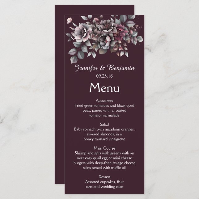 Menu Wine, Dusty Purple, Dark Teal Wedding | (Devant / Derrière)