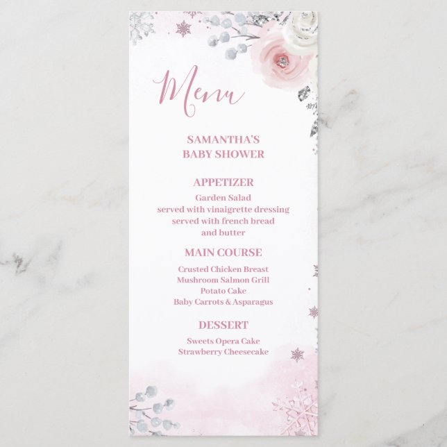Menu Winter Pastel Pink Snowflake Sleigh Baby Shower (Devant)