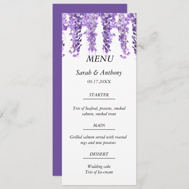 Menu Wisteria Purple Floral Aquarelle Mariage (Devant / Derrière)