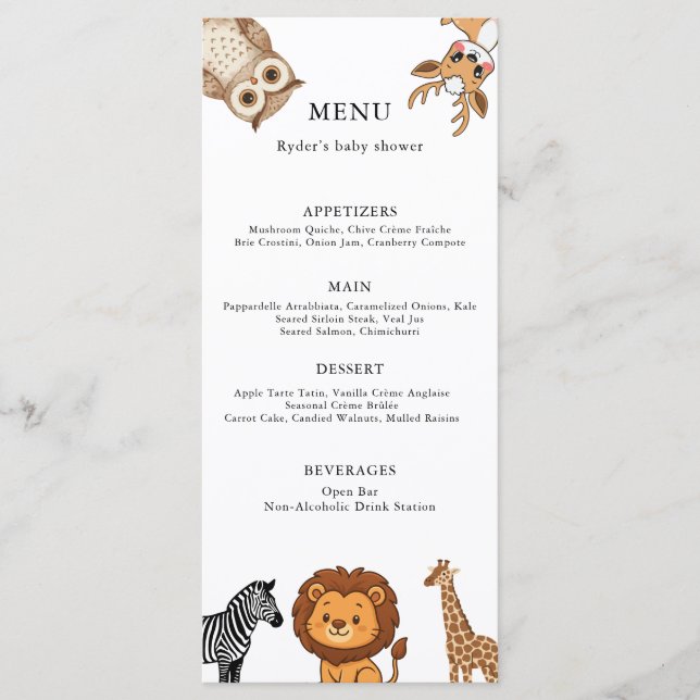 Menu Woodland Forest Animals Baby Shower (Devant)