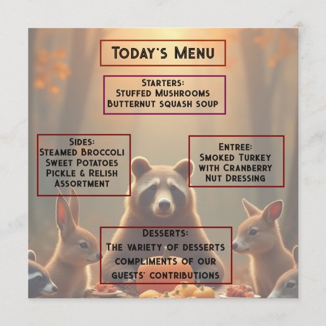 Menu Woodland Thanksgiving Party Amis et famille (Devant)