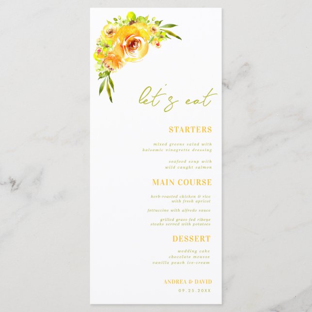 Menu Yellow and Green Summer Floral Let's Eat Wedding (Devant)
