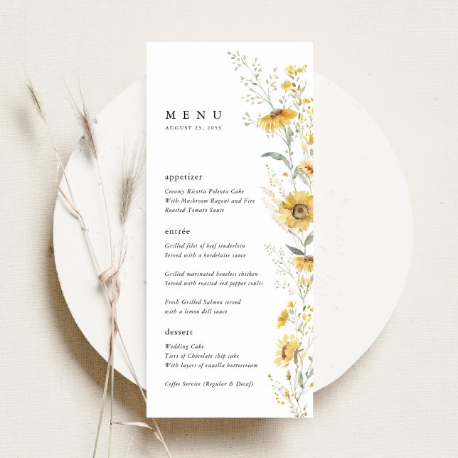 Menu Yellow Wildflower Sunflower Wedding Reception (yellow wildflower sunflower wedding menu card watercolor floral menu elegant wedding menu)