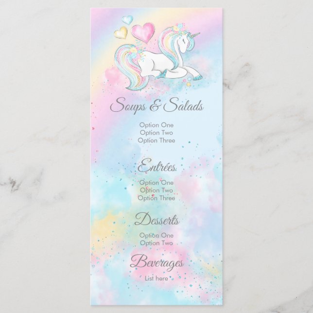 Menus de Baby Shower Licorne à l'aquarelle (Devant)