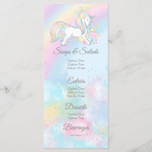 Menus de Baby Shower Licorne Pastel