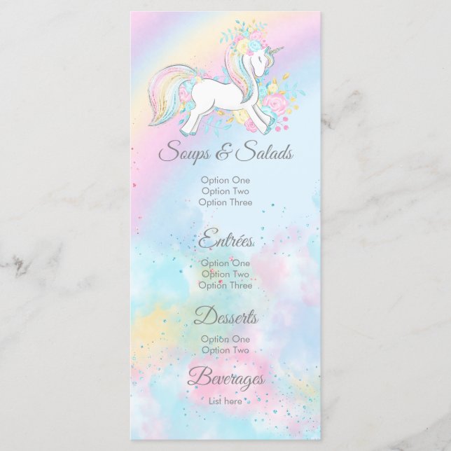 Menus de Baby shower Pastel Unicorn (Devant)