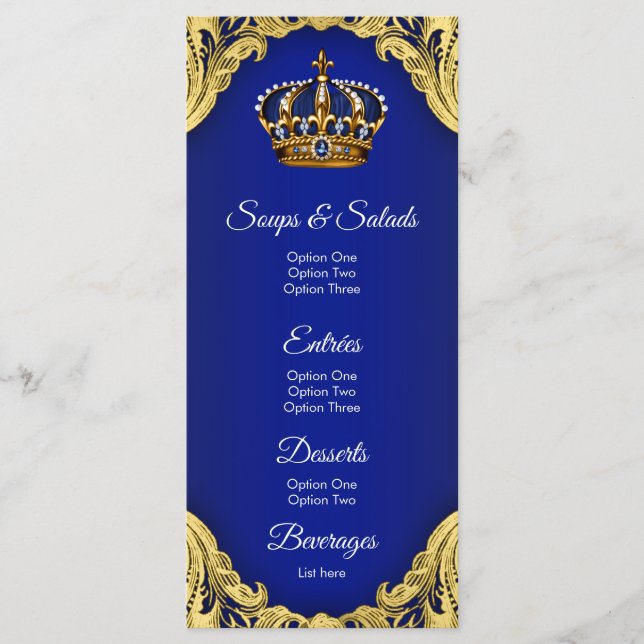 Menus de Baby Shower pour Prince Bleu Or (Devant)