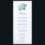 Menus de fleurs d'aquarelle bleu Hydrangea<br><div class="desc">Ces cartes de menu mariage sont ornées de fleurs d'hydrangée bleue. Vous pouvez modifier les styles et les couleurs du texte en cliquant sur le bouton "Personnaliser". Ces menus mariages font partie de la collection de Mariages Blue Hydrangea qui comprend une gamme complète de papeterie mariage correspondante comme des invitations...</div>