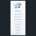 Menus de fleurs d'aquarelle bleu Hydrangea<br><div class="desc">Ces cartes de menu mariage sont ornées de fleurs d'hydrangée bleue. Vous pouvez modifier les styles et les couleurs du texte en cliquant sur le bouton "Personnaliser". Ces menus mariages font partie de la collection de Mariages Blue Hydrangea qui comprend une gamme complète de papeterie mariage correspondante comme des invitations...</div>